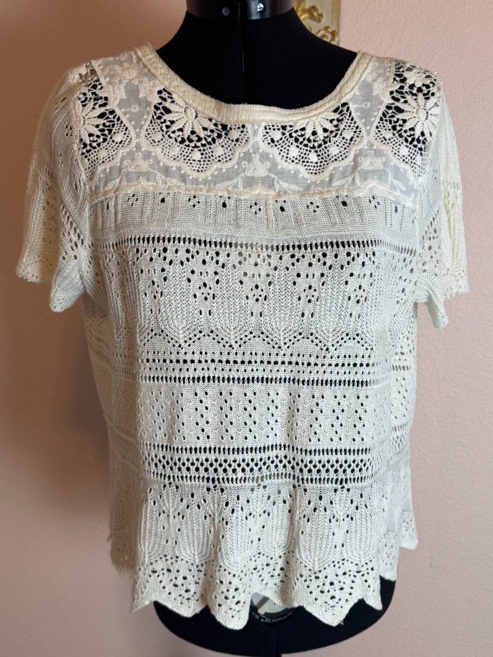 Crochet Cottagecore Ivory James Coviello Free People Janice Top XS Short Sleeve